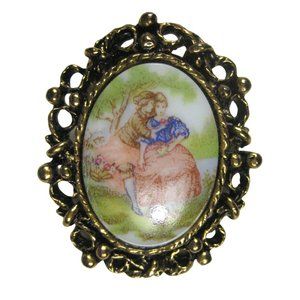 Cameo Figurative Brooch Pin Goldtone Vintage 1980s 1.4 in Estate Oval Ceramic